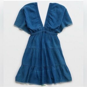 Aerie Pool-To-Party Flutter Sleeve Dress Denim Blue Gauzy Lagenlook